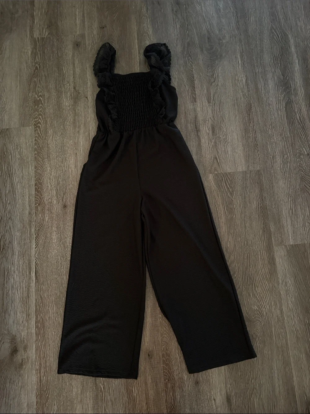 Speechless Black Smocked Ruffle Strap Wide-Leg Jumpsuit